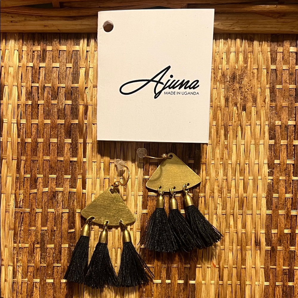 Ajuna Brass Triangle Tassel Earrings in Black